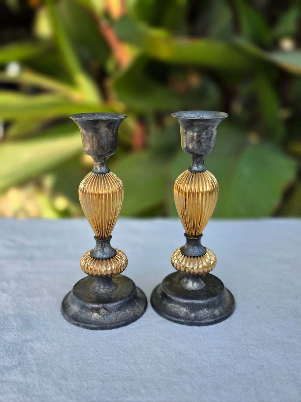 Vintage Gold And Silver Tone Fluted Taper Candlestick Holder Pair